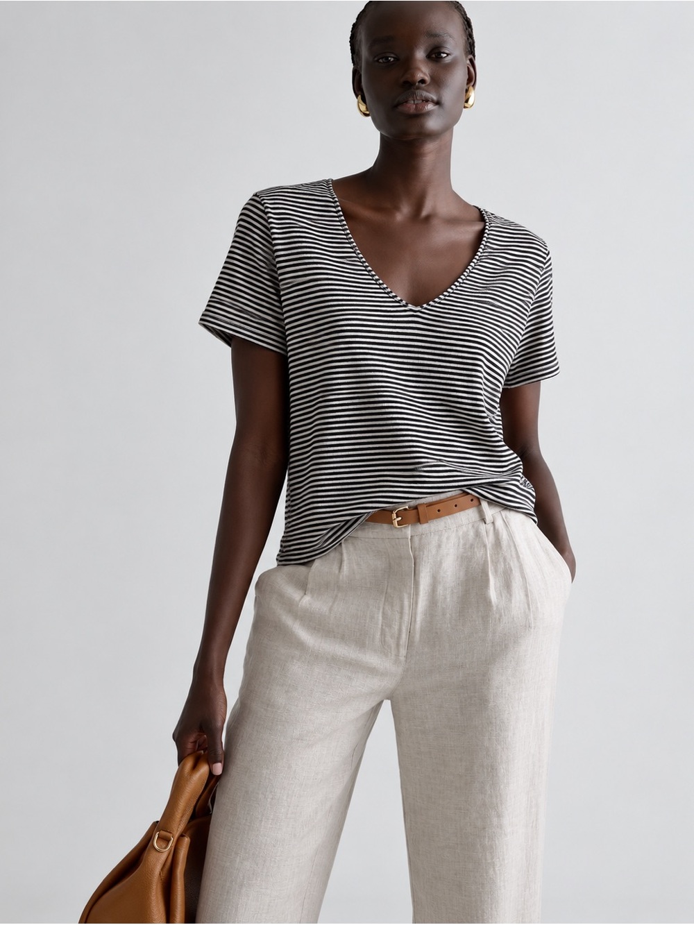 H&M Striped V-Neck Short Sleeve Top - Black & White-linen/viscoe